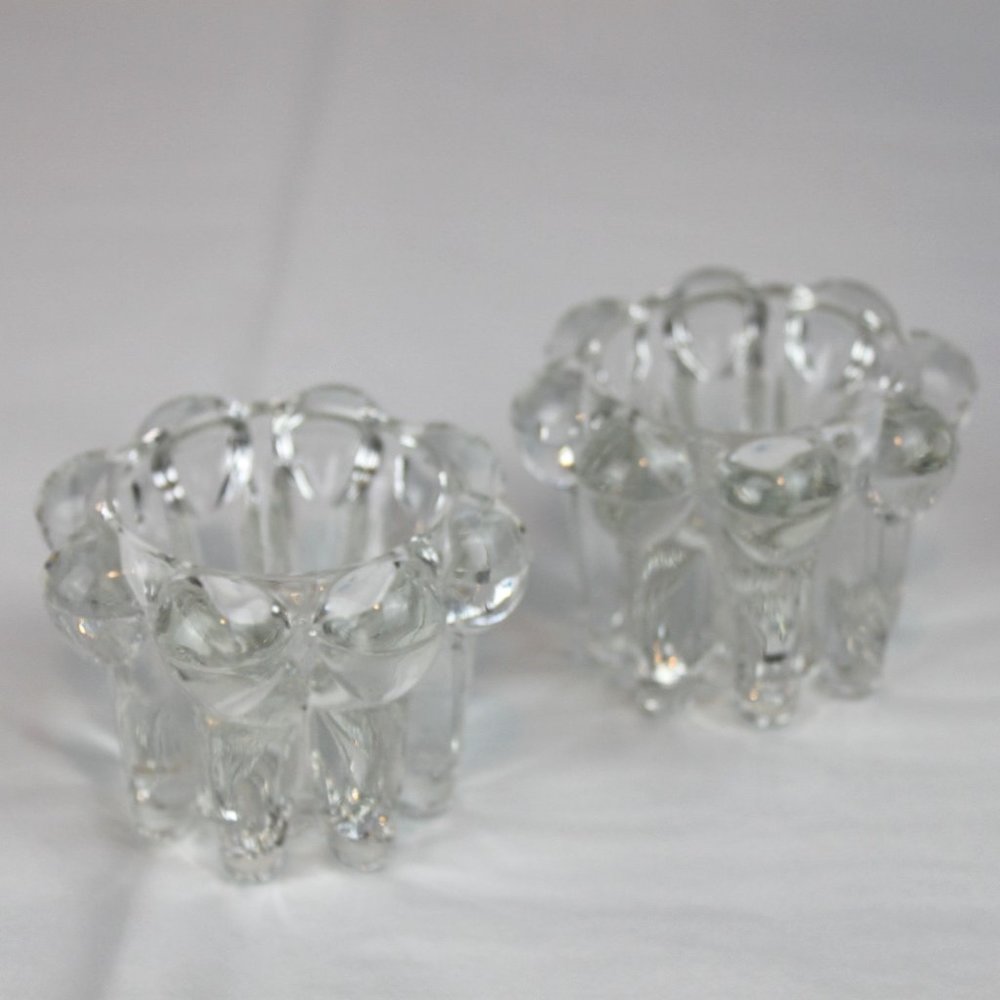 Brasil Pair of Thick Glass Tall Taper Candle Holders Rippled